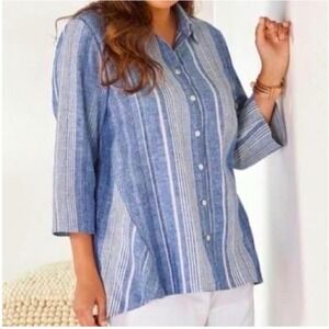 Soft Surroundings Blue Striped Linen Cotton Blend Tunic Shirt Mother of Pearl 2X